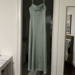 Azazie Clove A-Line cowl neck satin bridesmaid dress with side slit, Agave color